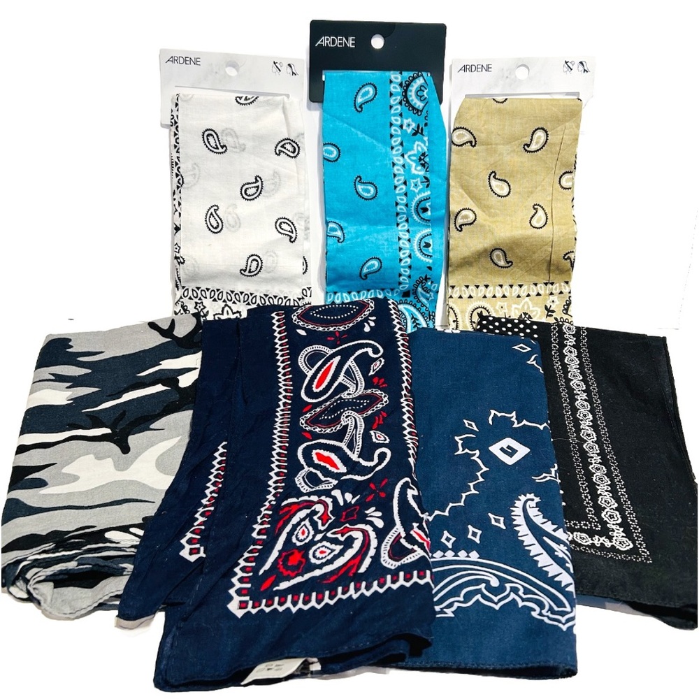 Lot of 7 Fashion Bandanas Blue Navy Black Grey White Scarfs Square Camo Paisley